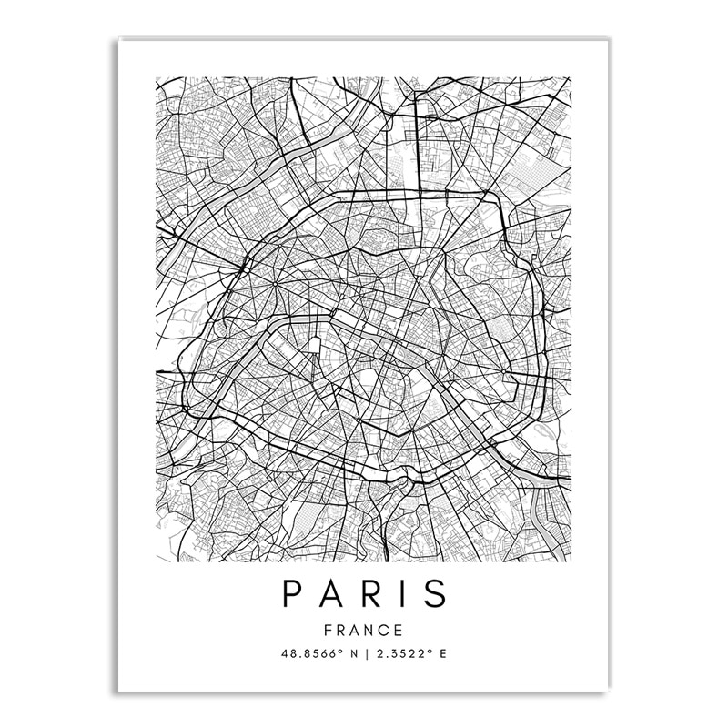 Affiche plan de Paris (France) en noir et blanc