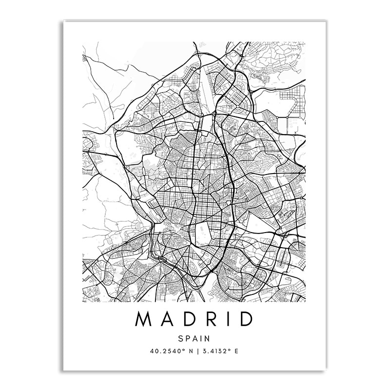 Affiche plan de Madrid (Espagne) en noir et blanc