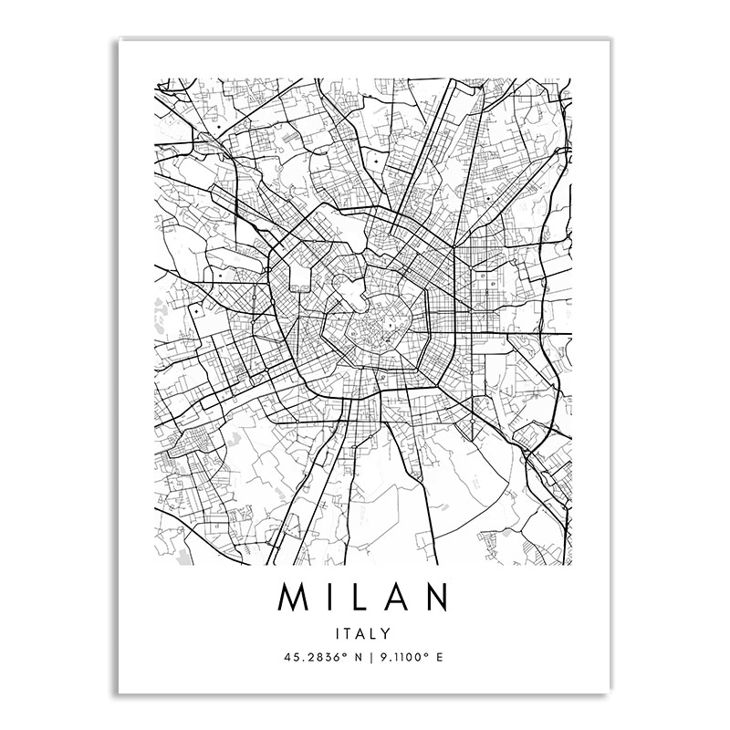 Affiche plan de Milan (Italie) en noir et blanc