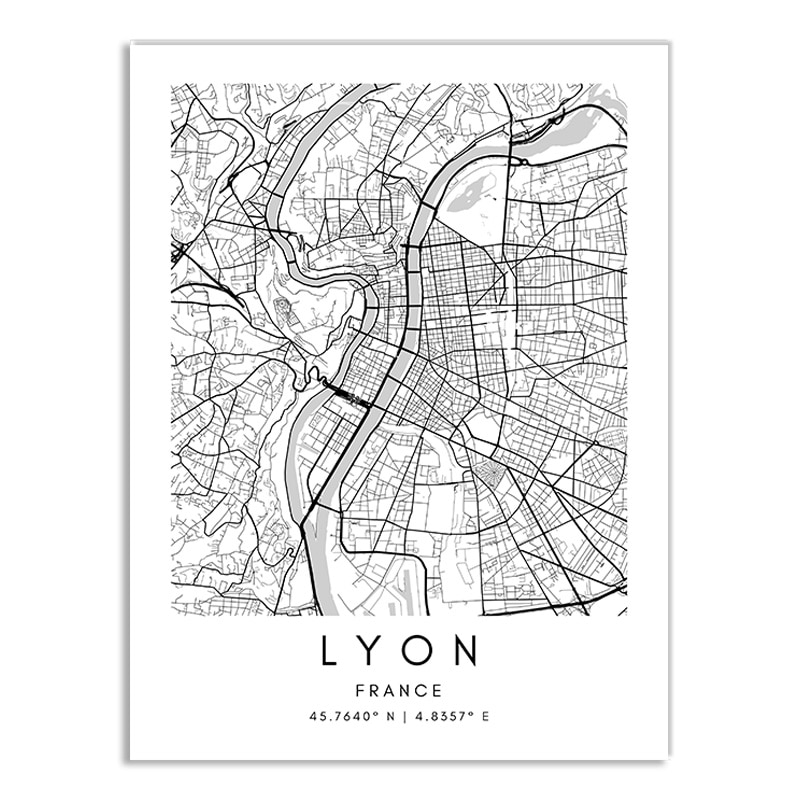 Affiche plan de Lyon (France) en noir et blanc
