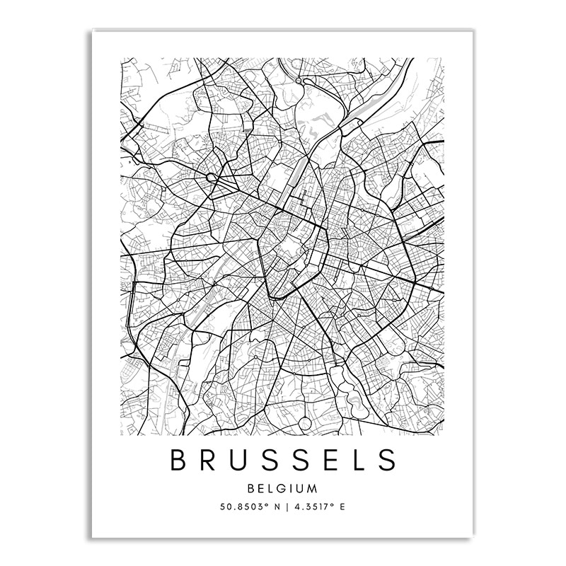 Affiche plan de Bruxelles (Belgique) en noir et blanc