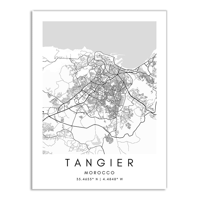 Affiche plan de Tanger (Maroc) en noir et blanc