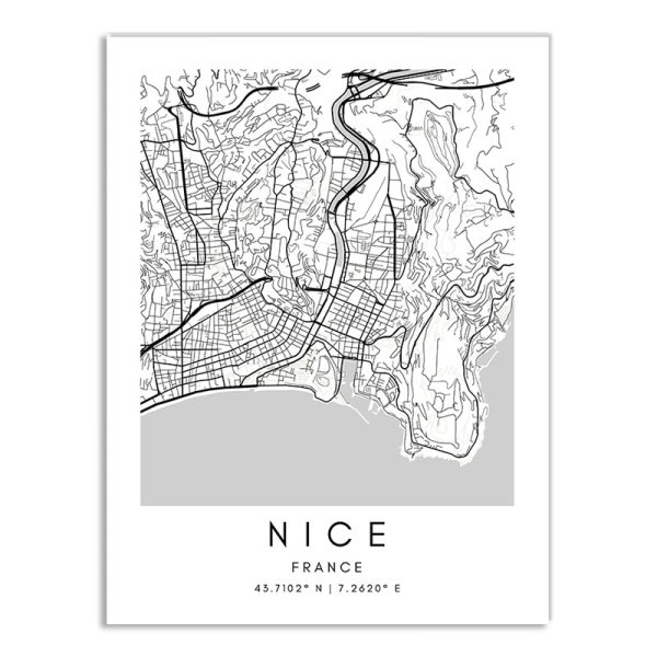 Affiche des rues de la ville de Nice noir et blanc