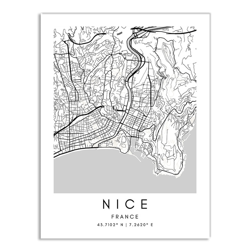 Affiche plan de Nice (France) en noir et blanc