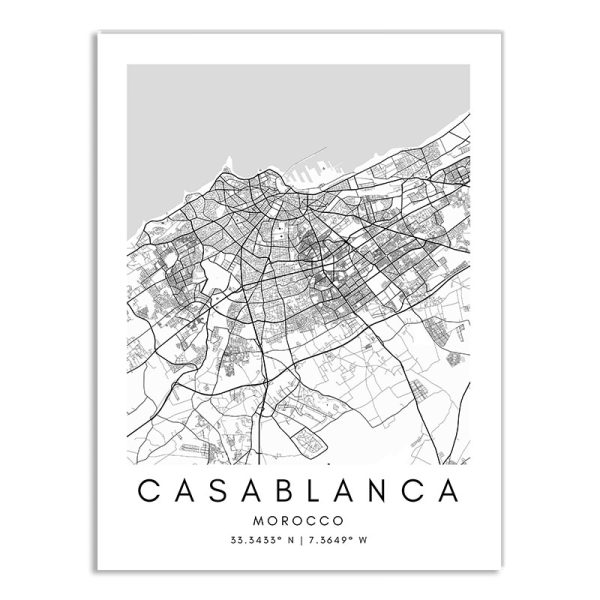 Affiche des rues de la ville de Casablanca noir et blanc