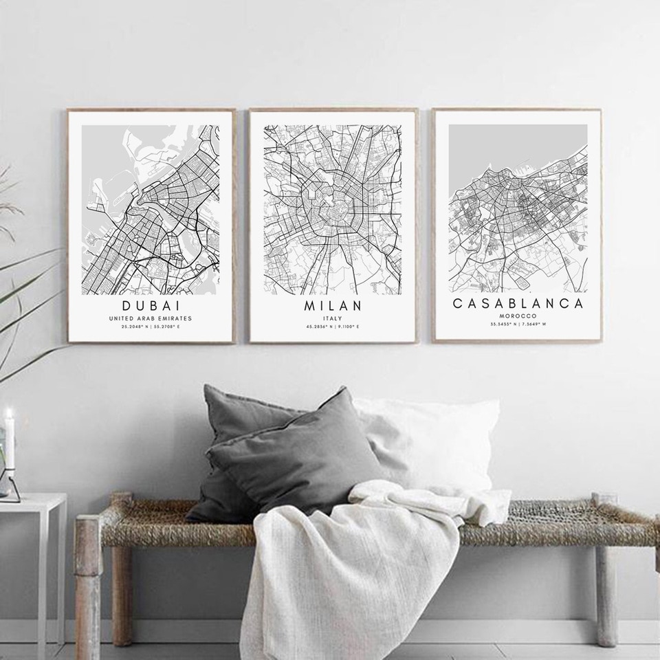 Affiche plan de Amsterdam (Pays-Bas) en noir et blanc