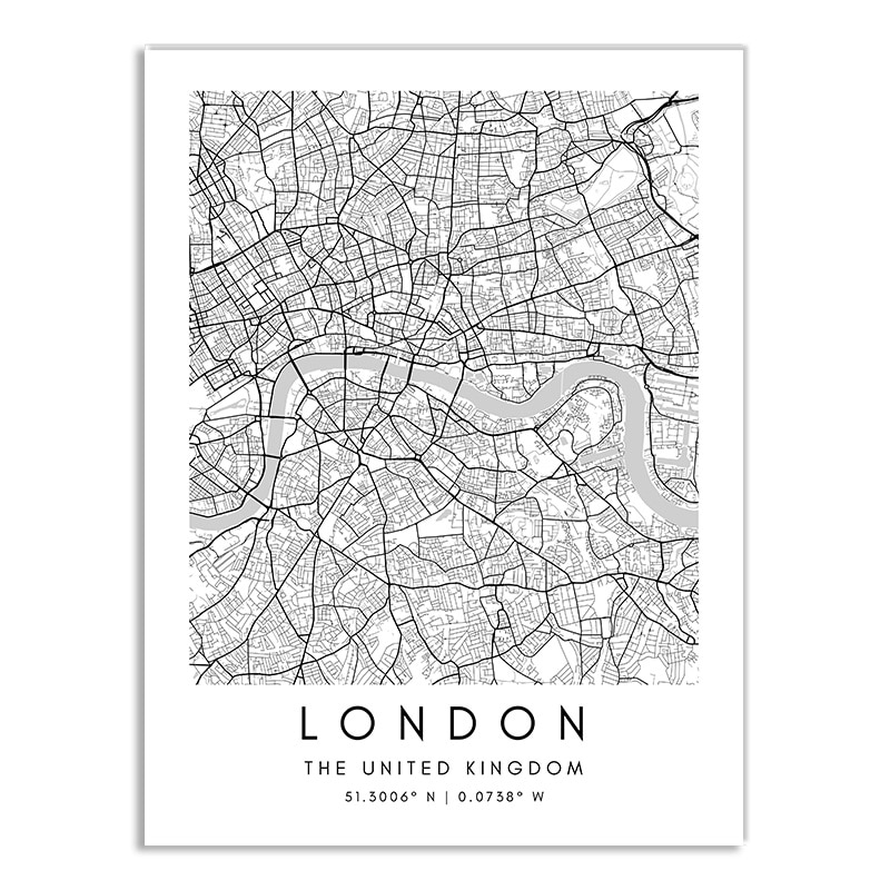 Affiche plan de Londres (Royaume-Uni) en noir et blanc