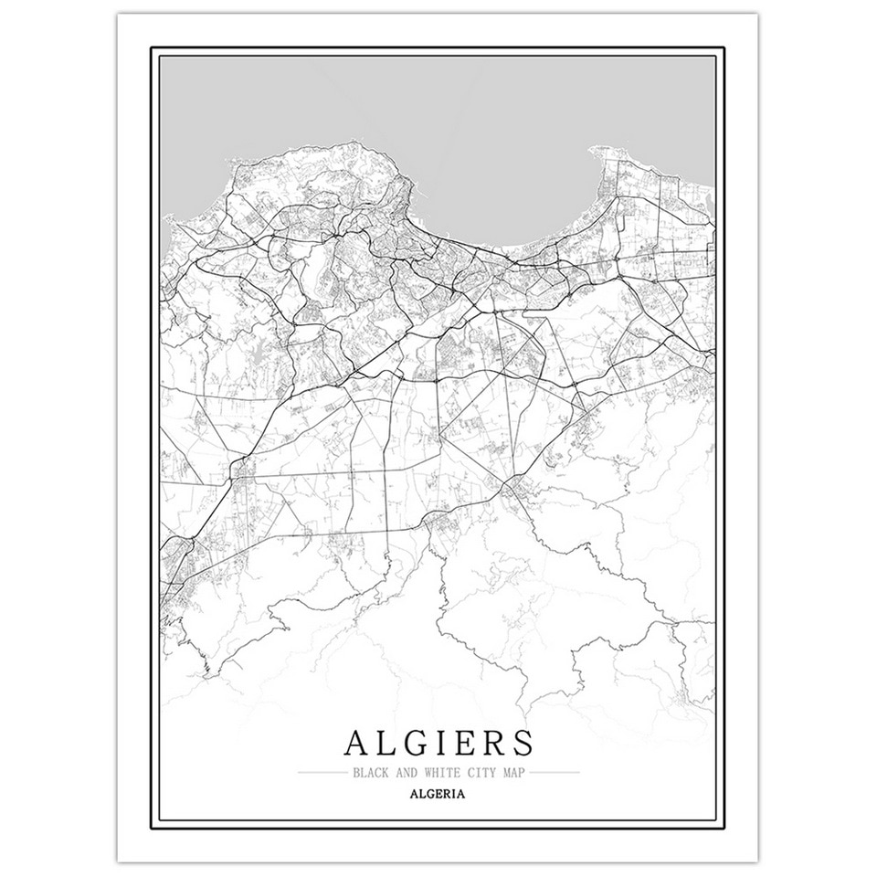 Affiche plan de Alger (Algérie) en noir et blanc