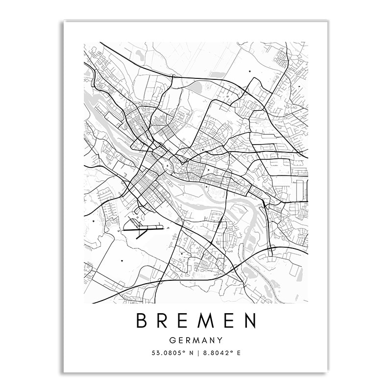 Affiche plan de Brême (Allemagne) en noir et blanc