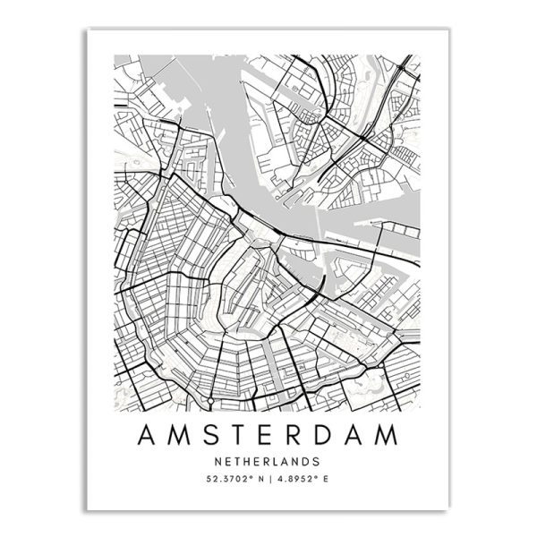 Affiche des rues de la ville de Amsterdam noir et blanc