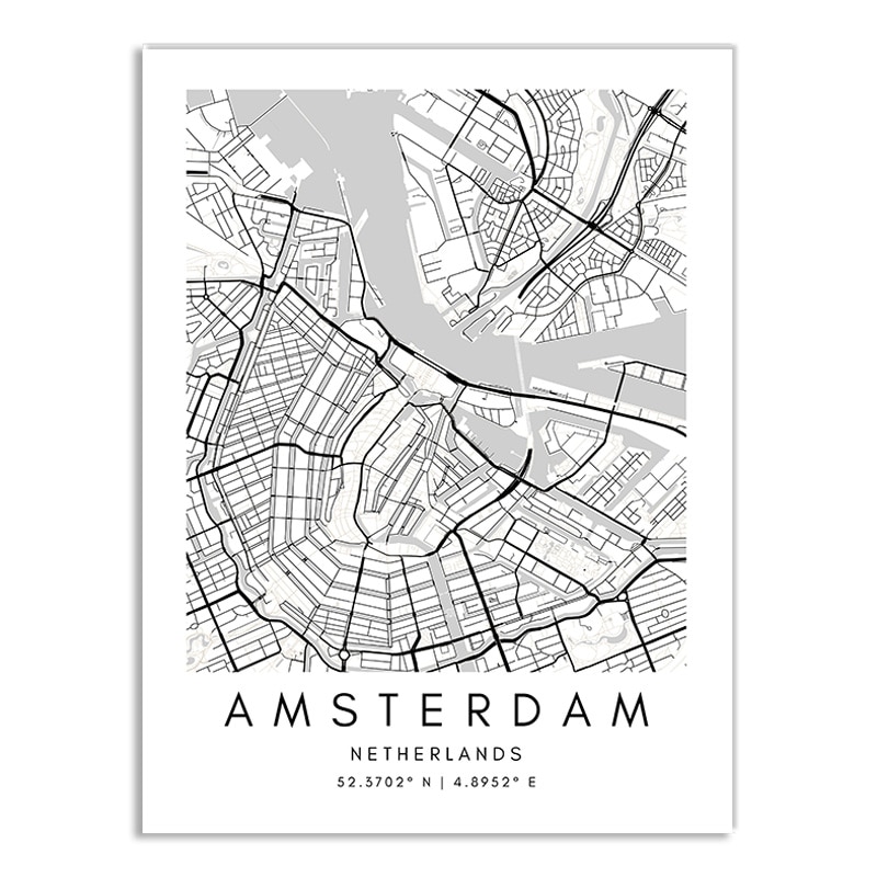Affiche plan de Amsterdam (Pays-Bas) en noir et blanc