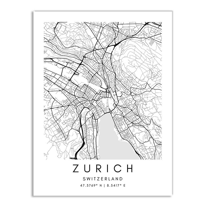 Affiche plan de Zurich (Suisse) en noir et blanc