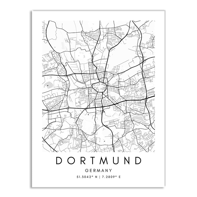 Affiche plan de Dortmund (Allemagne) en noir et blanc