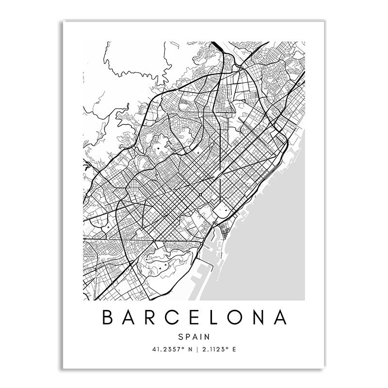 Affiche plan de Barcelone (Espagne) en noir et blanc