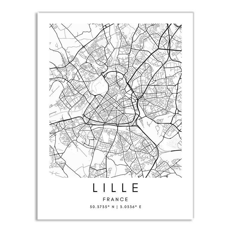 Affiche plan de Lille (France) en noir et blanc