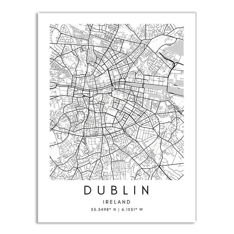 Affiche plan de Dublin (Irlande) en noir et blanc