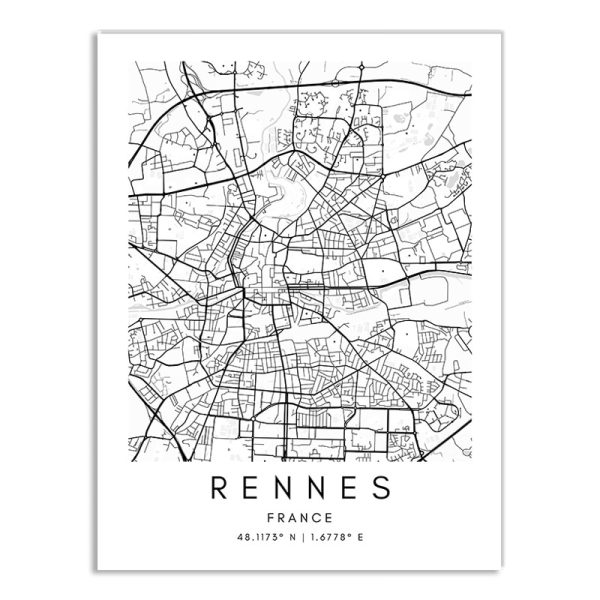 Affiche des rues de la ville de Rennes noir et blanc