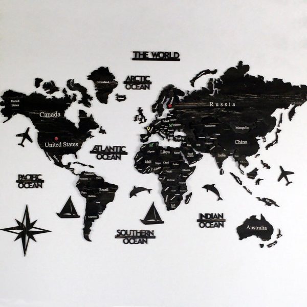 Carte du monde 3D en bois - Black