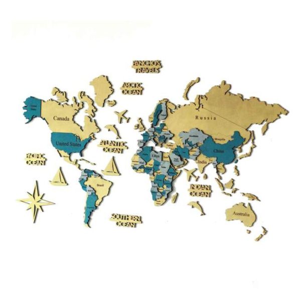 Carte du monde en bois 3D jaune