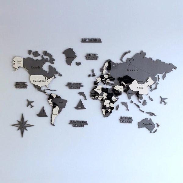 Carte du monde en bois noir et blanc
