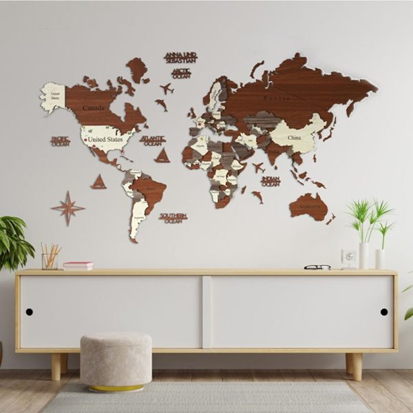 Carte du monde murale 3D en bois - Multicolore