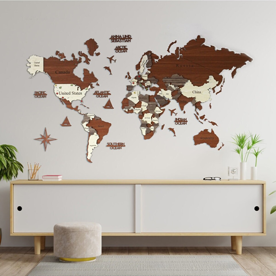 Carte du monde 3D en bois - Multicolore