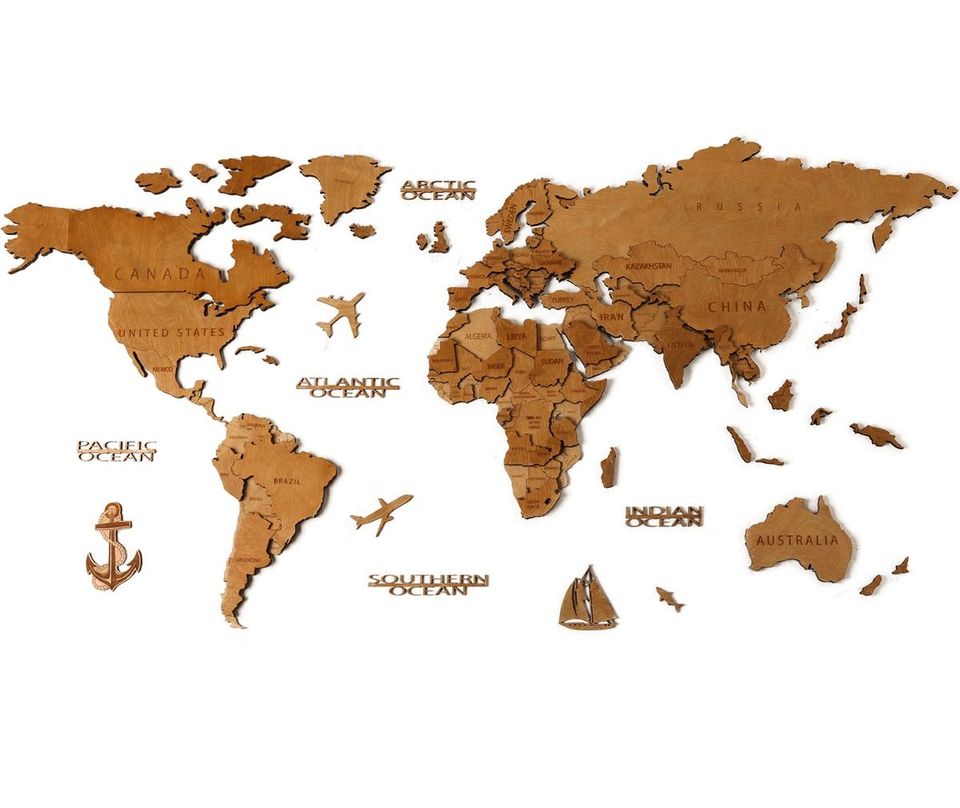 Carte du monde 3D en bois - Brut