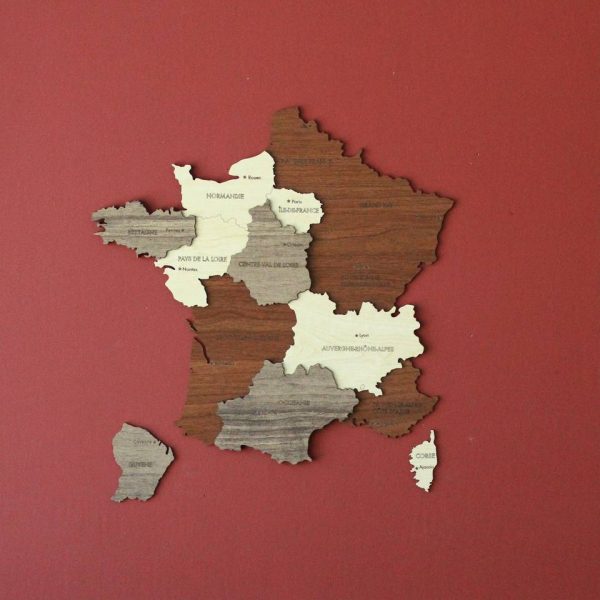Carte de la france en bois avec région 3D